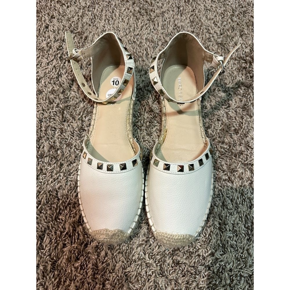 MARC FISHER White Studded Espadrille Sandals Ankle Strap Flats Summer Shoes